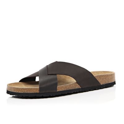 Dark brown leather cross strap sandals